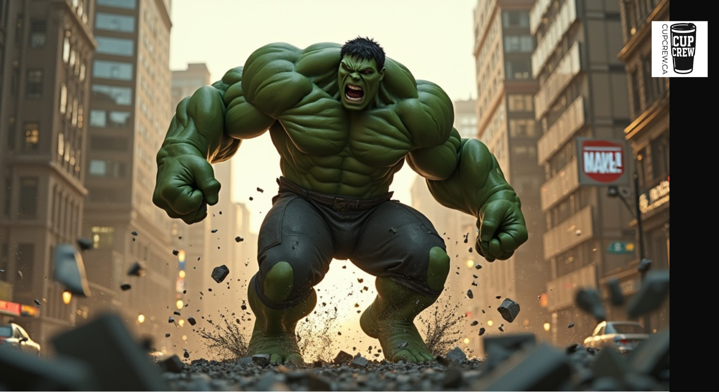 A muscular green-skinned, muscular man with a fierce expression is shown in a dynamic fighting stance, surrounded by debris and rubble, with a cityscape in the background.
