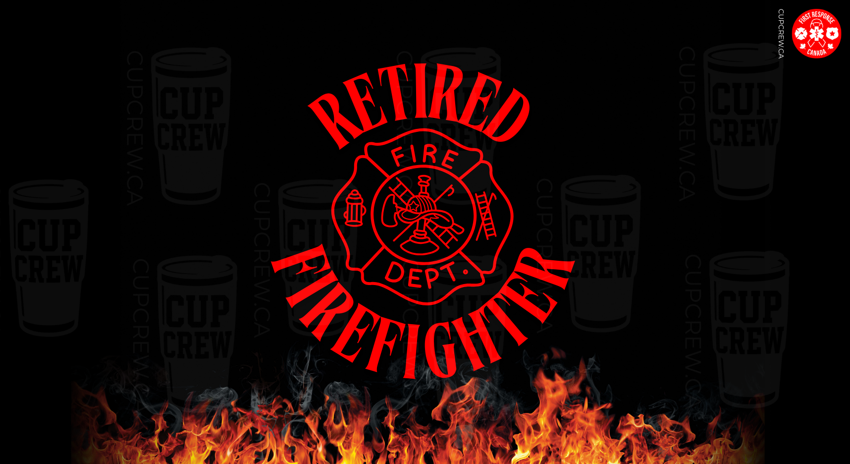a red and black design with the text "Retired Firefighter" prominently displayed. The background is filled with flames, creating a dramatic and fiery atmosphere.