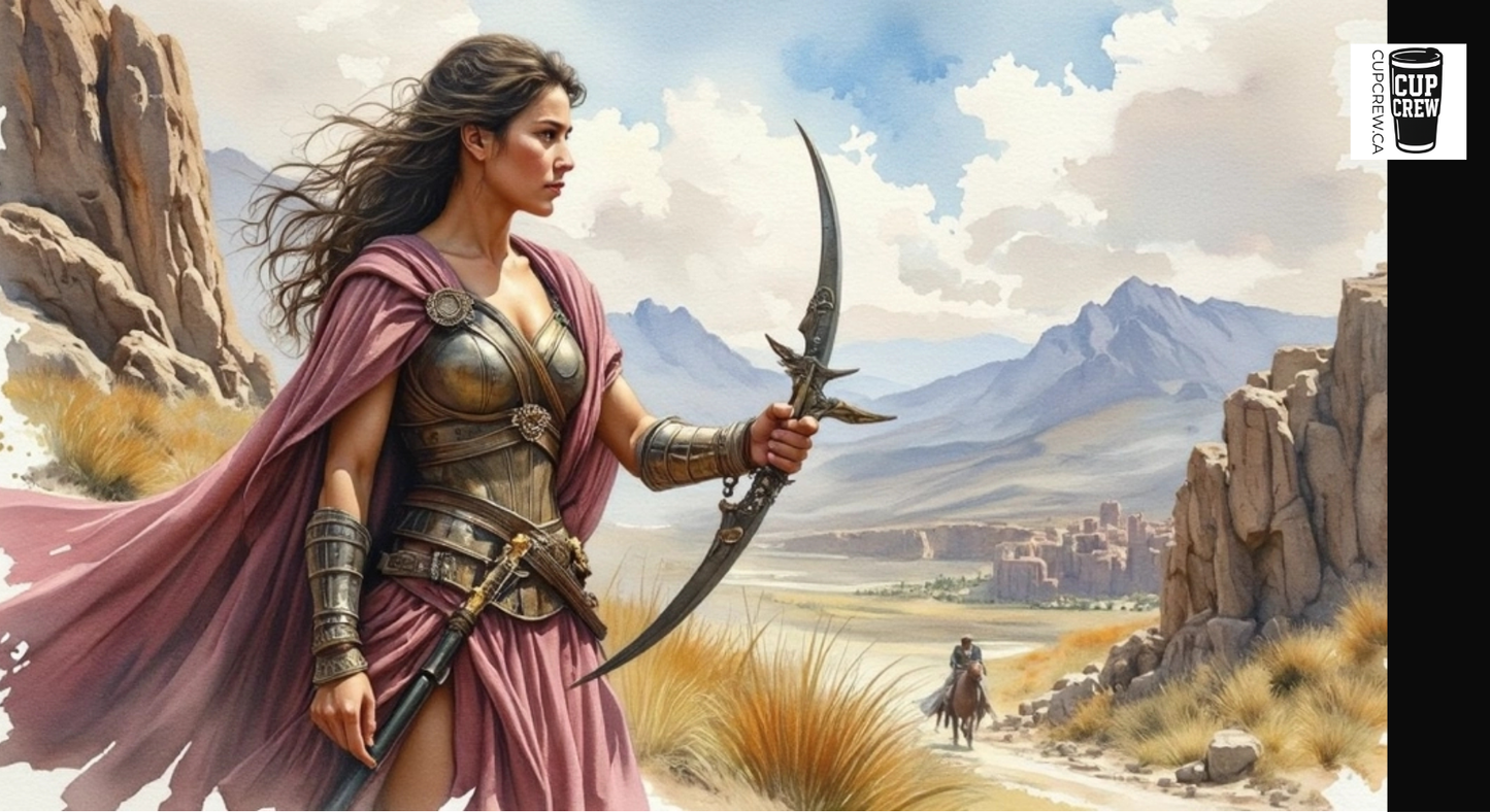 A woman in a pink cape stands in a desert landscape, holding a large weapon and accompanied by a horseback rider.