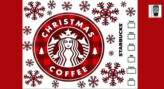 a Starbucks coffee cup design with a red and white color scheme, adorned with snowflakes and the Starbucks logo.