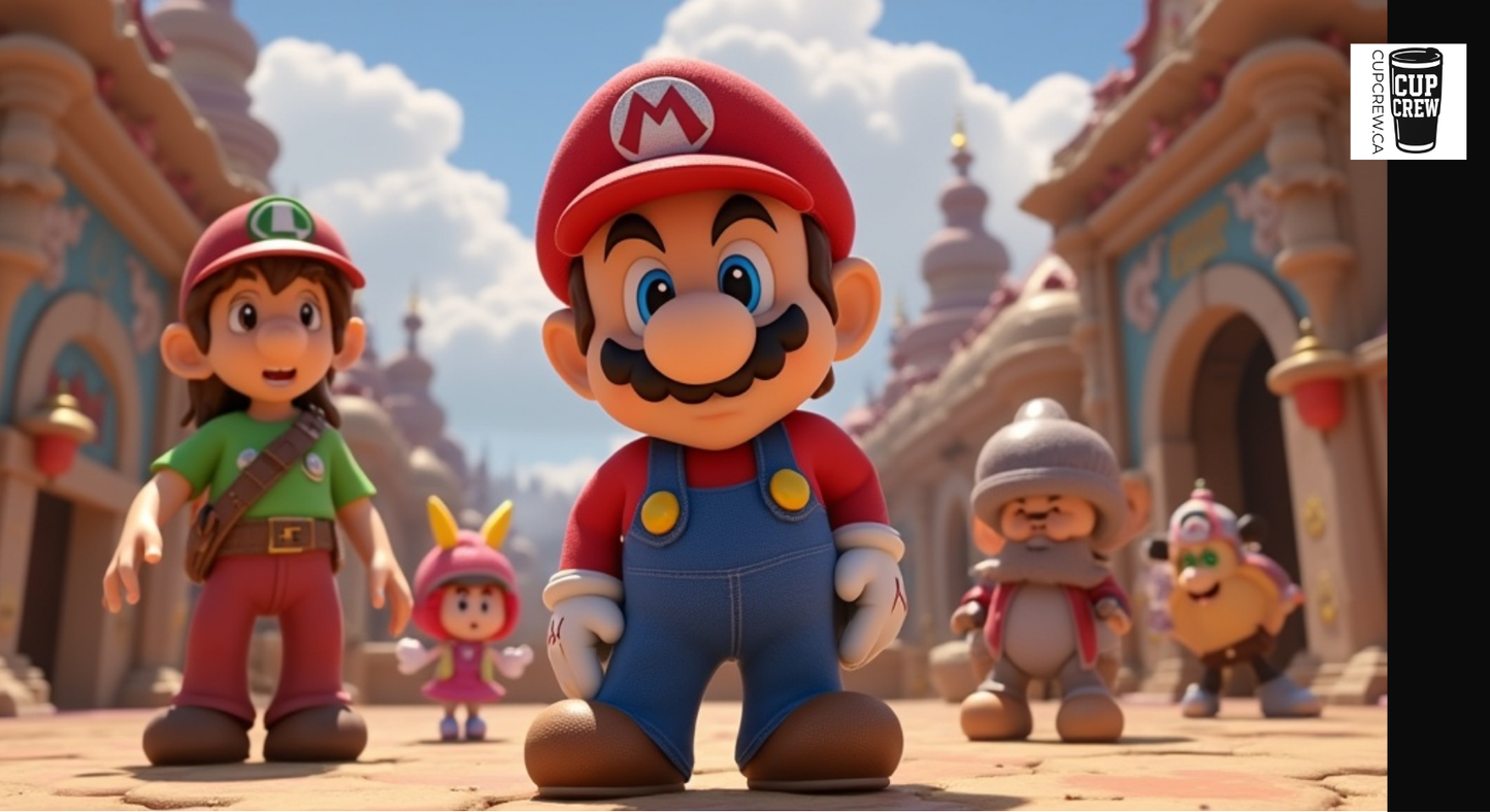 A group of animated characters, including Mario, Luigi, and other iconic figures from the Mario series, standing together in a colorful, fantastical setting.
