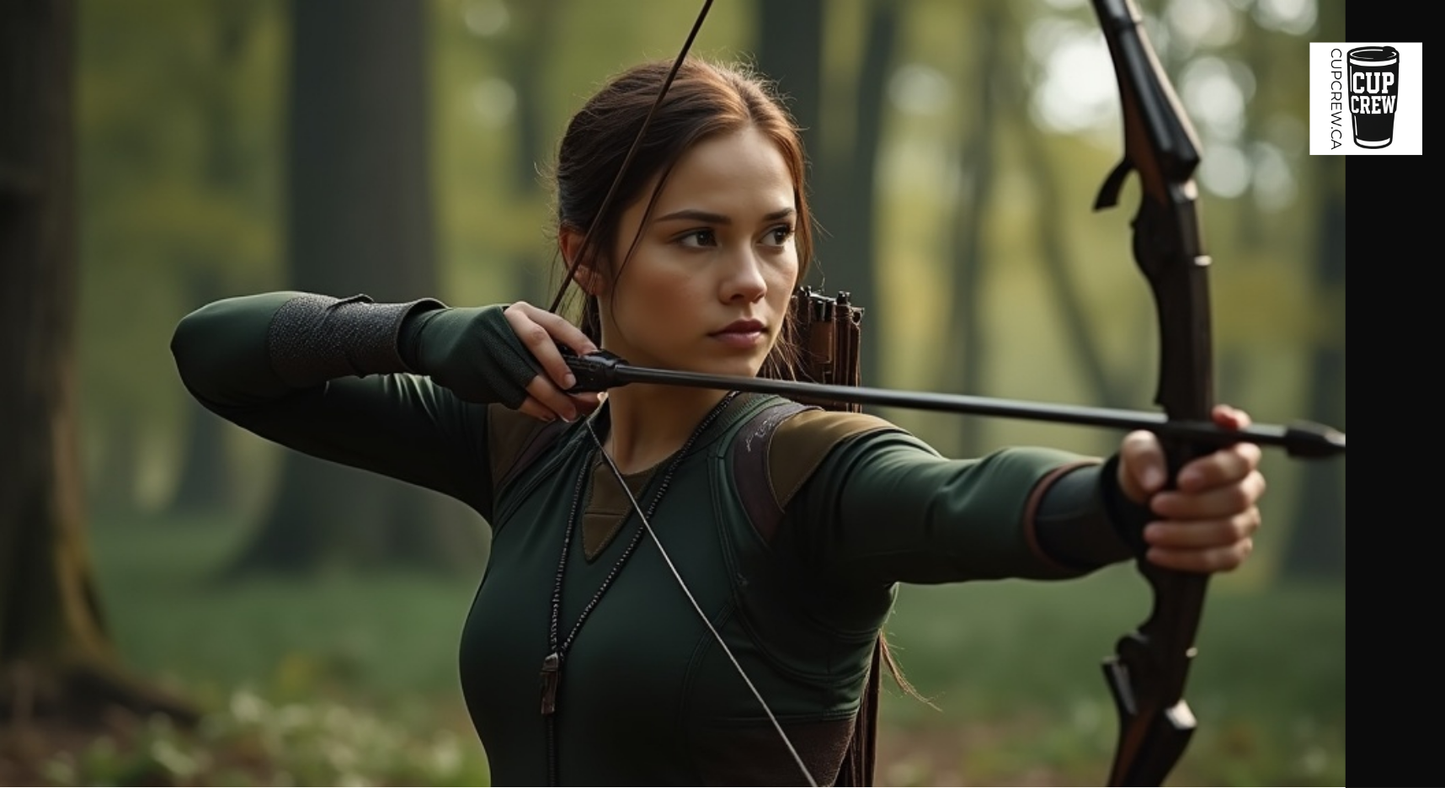 A woman in a green outfit is aiming a bow and arrow in a forest setting.