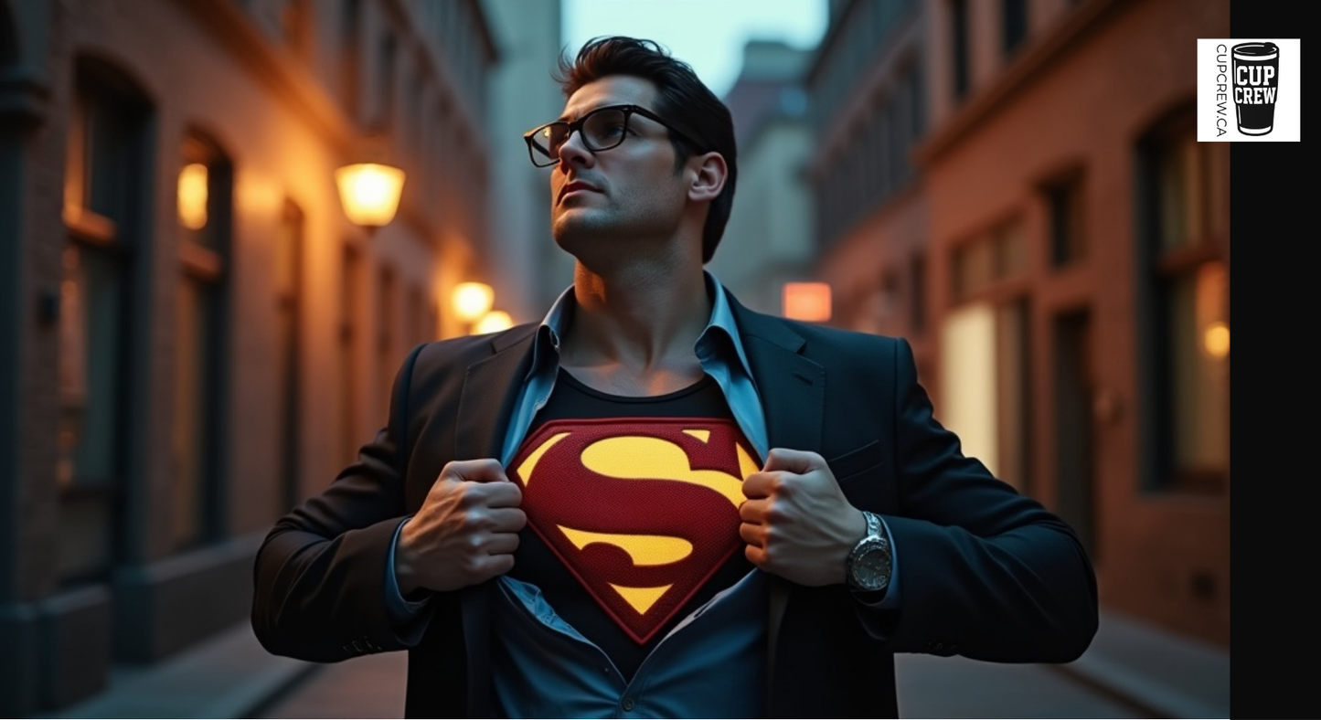 A man in a suit stands in a city street, wearing a Superman shirt and holding the iconic Superman logo on his chest.