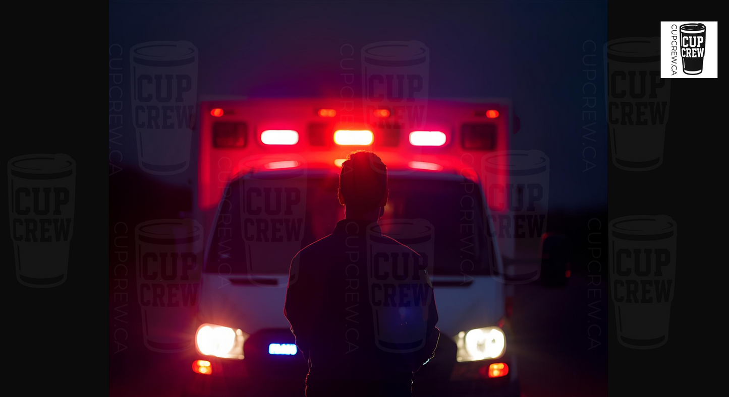 A person stands in front of an ambulance with its lights on, facing away from the camera.