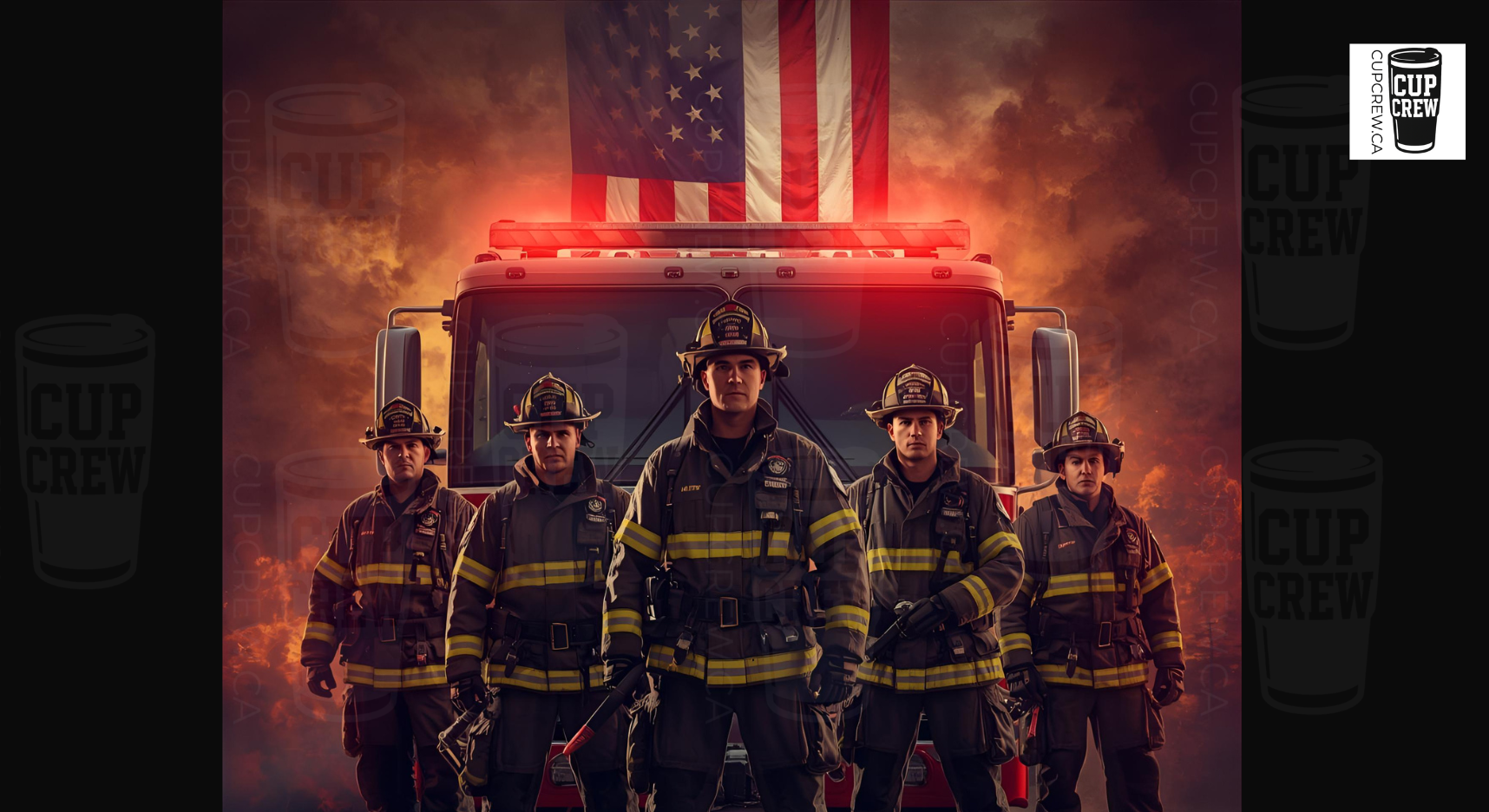 A group of firefighters standing in front of a fire truck, with an American flag in the background.