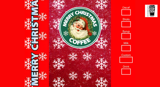 The image is a Christmas-themed coffee cup design featuring a Santa Claus image, snowflakes, and text.