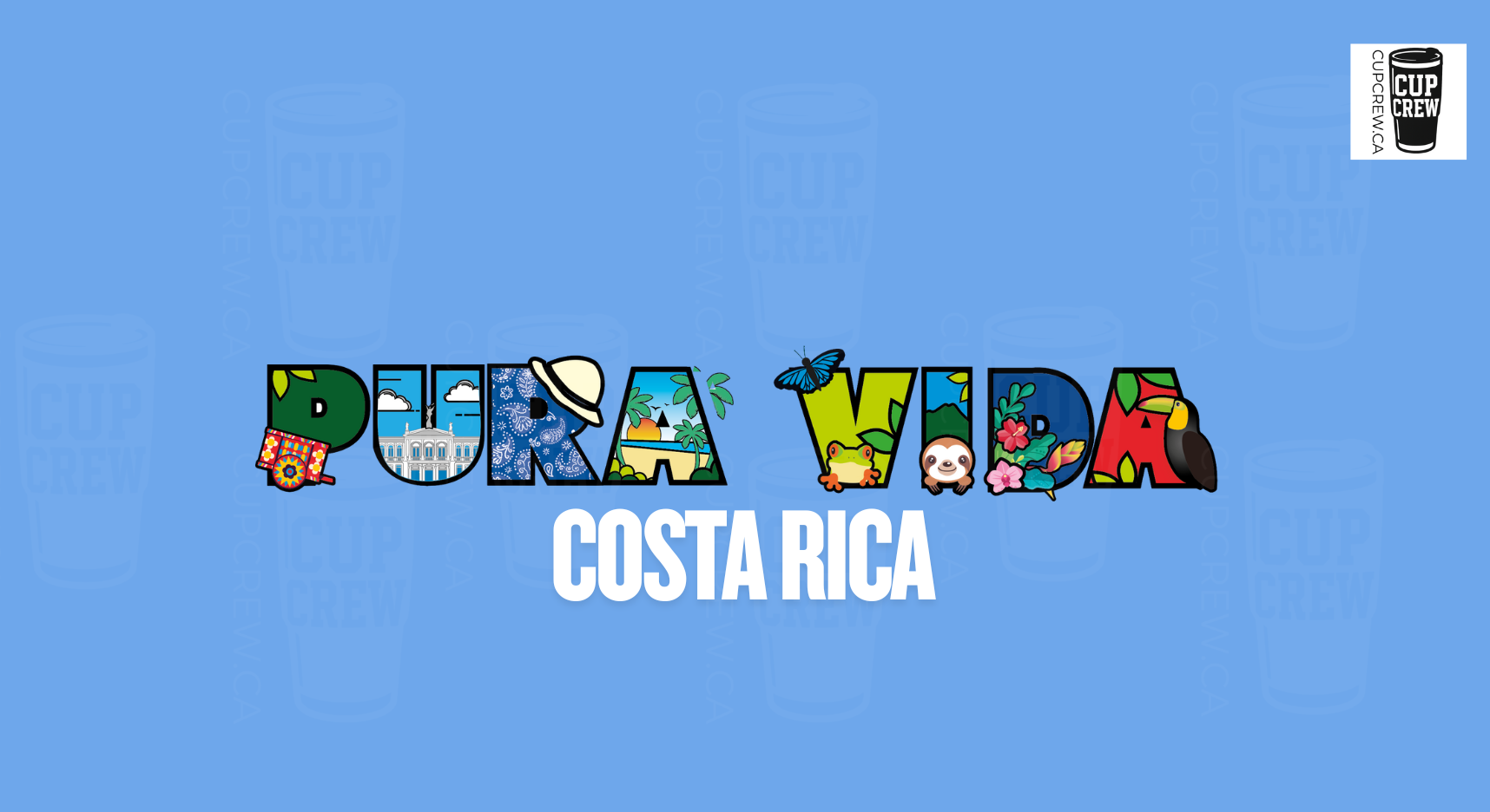 The image is a collage of various colorful illustrations representing different aspects of Costa Rica, including landmarks, animals, and natural elements, arranged to spell out the word "Pura Vida" (which means "clear" or "clear") in a stylized manner.