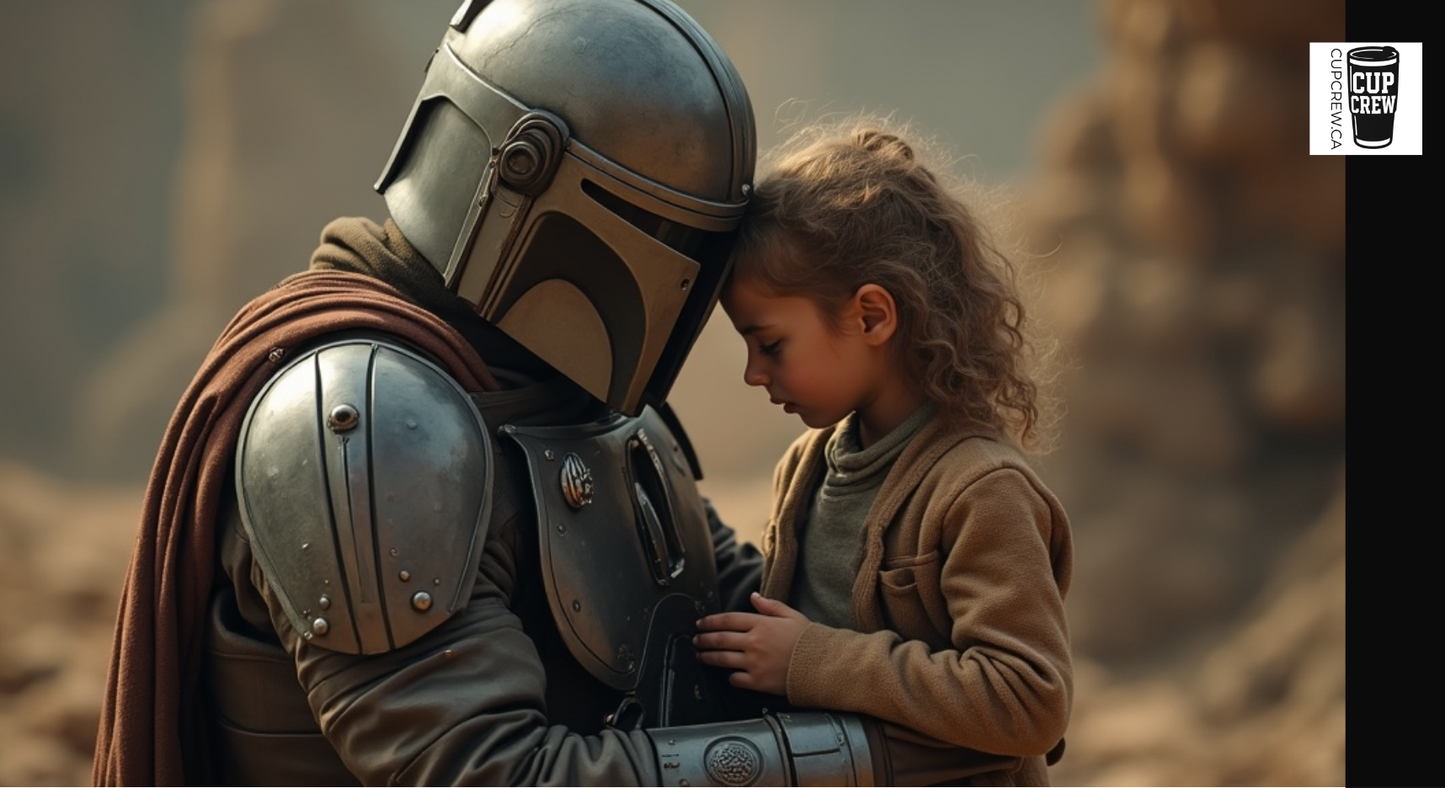 A young girl in a brown jacket is hugging a person wearing a silver helmet, which appears to be a character from a movie or television show.