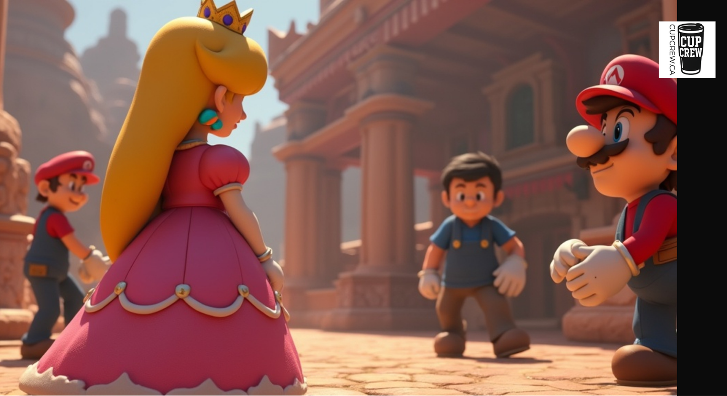 A collage of four animated characters from the Mario video game franchise, including Mario, Princess Peach, and other characters, in a fantastical setting.