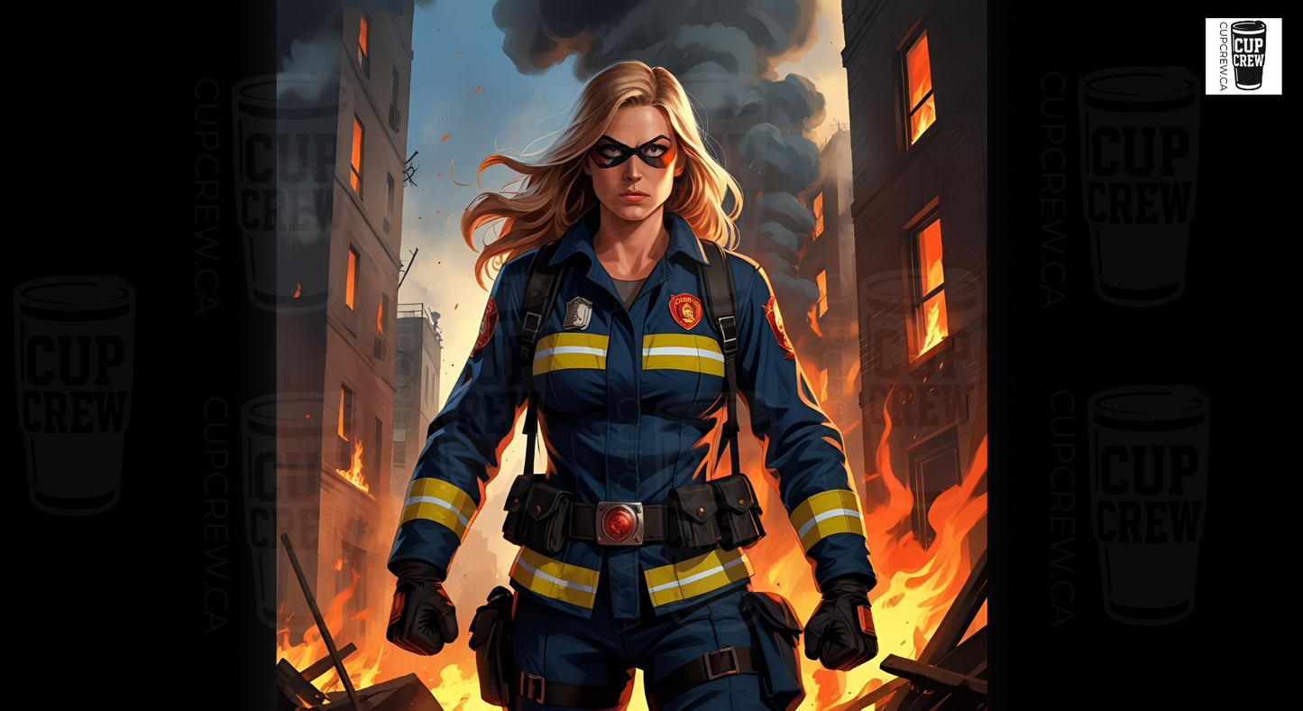 A female firefighter in full gear stands in the midst of a burning cityscape, her expression conveying determination and resolve.