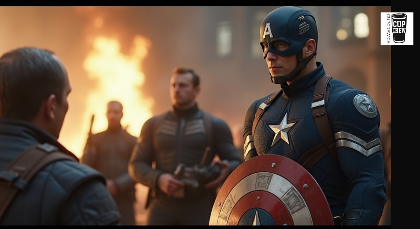 a person in a superhero costume, likely Captain America, standing in front of a group of other people. The background appears to be a city street with a fire burning in the distance.