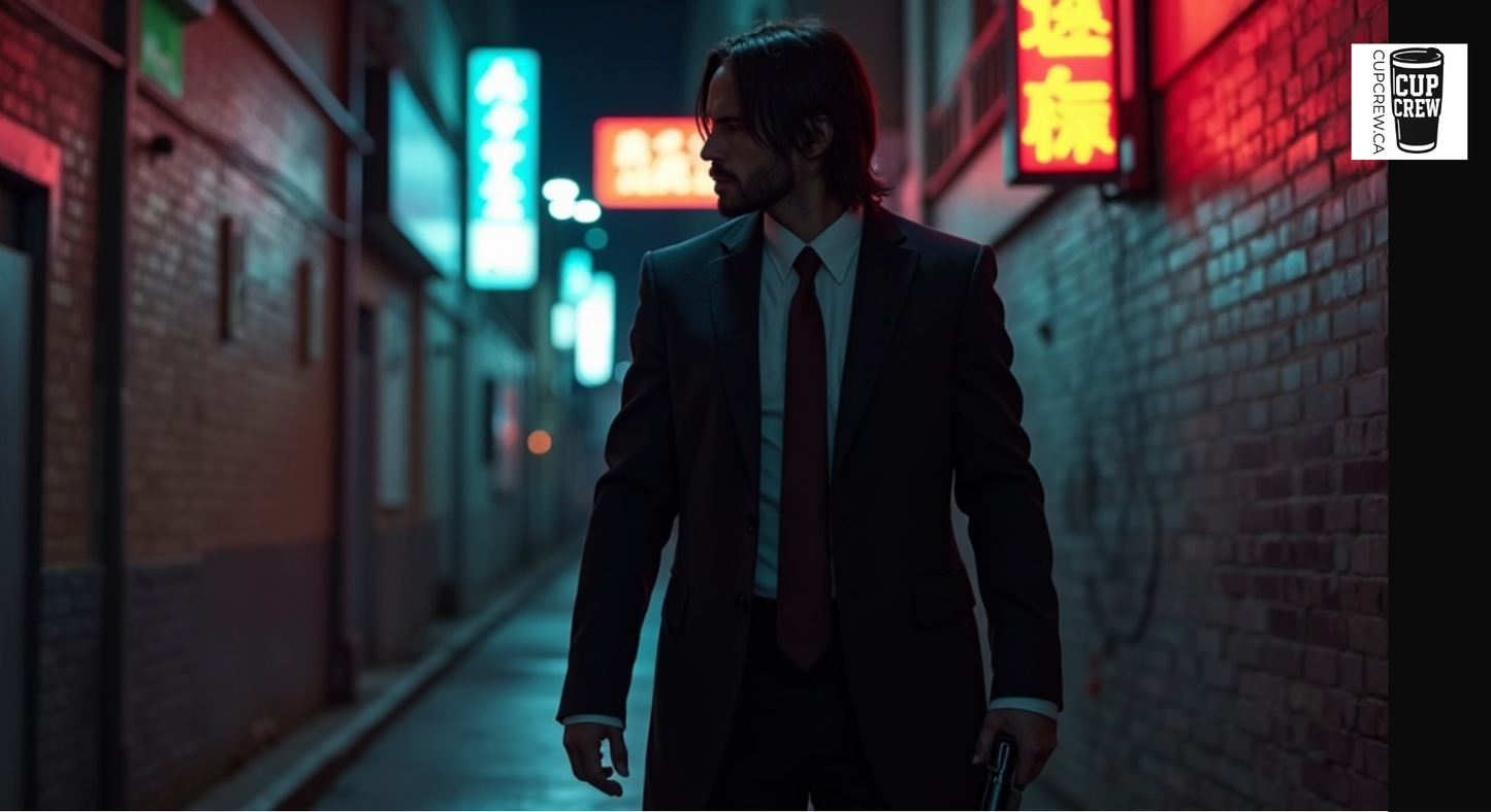 A man in a suit walks down a dimly lit alley at night, surrounded by neon signs and a brick wall.