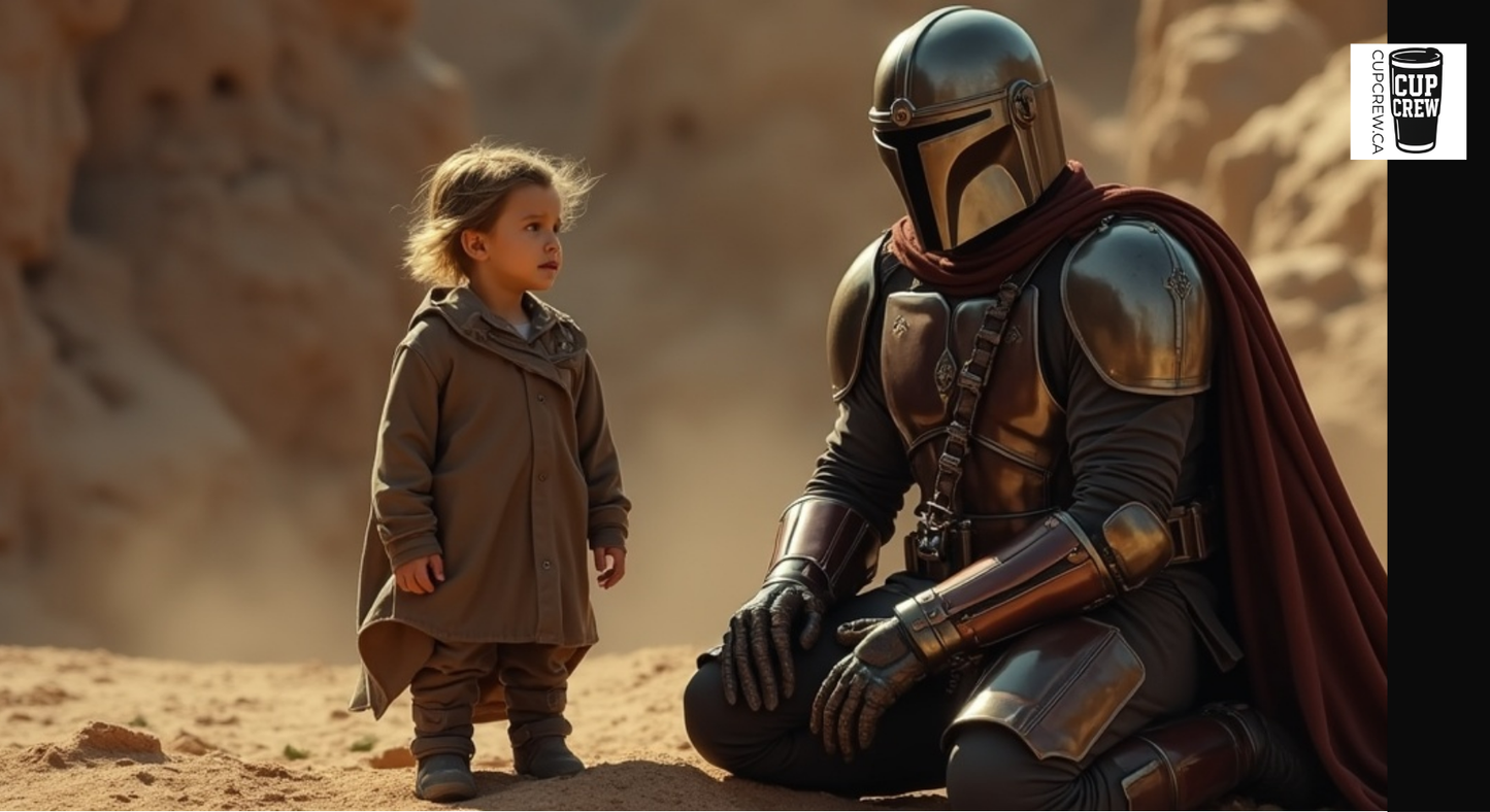 A young child standing in a desert-like environment, looking at a man in a futuristic-looking suit with a helmet, who appears to be a character from a science fiction movie.
