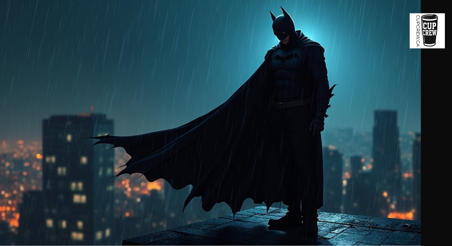 Batman standing on a rooftop at night, wearing his iconic black costume with a cape, with a city skyline in the background.