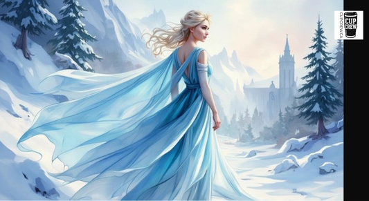A woman in a flowing blue dress stands in a snowy landscape, with a castle in the background.