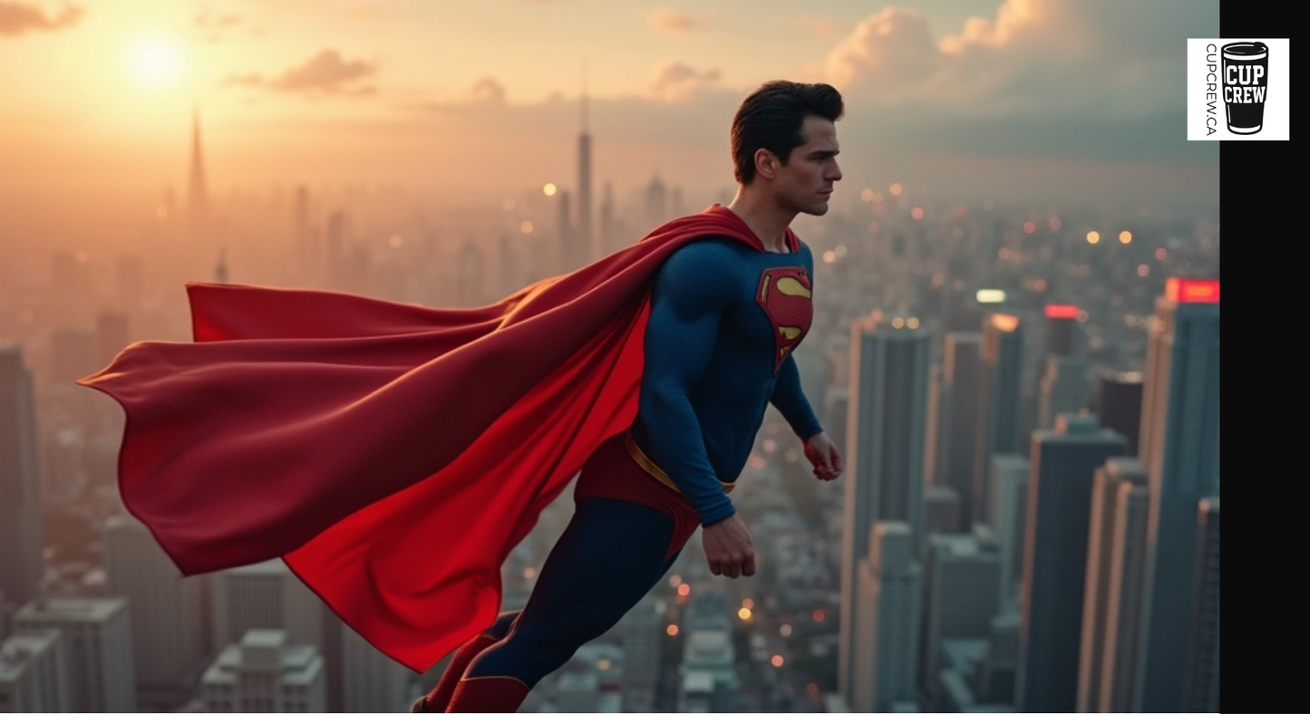 A man in a Superman costume flying above a cityscape at sunset.