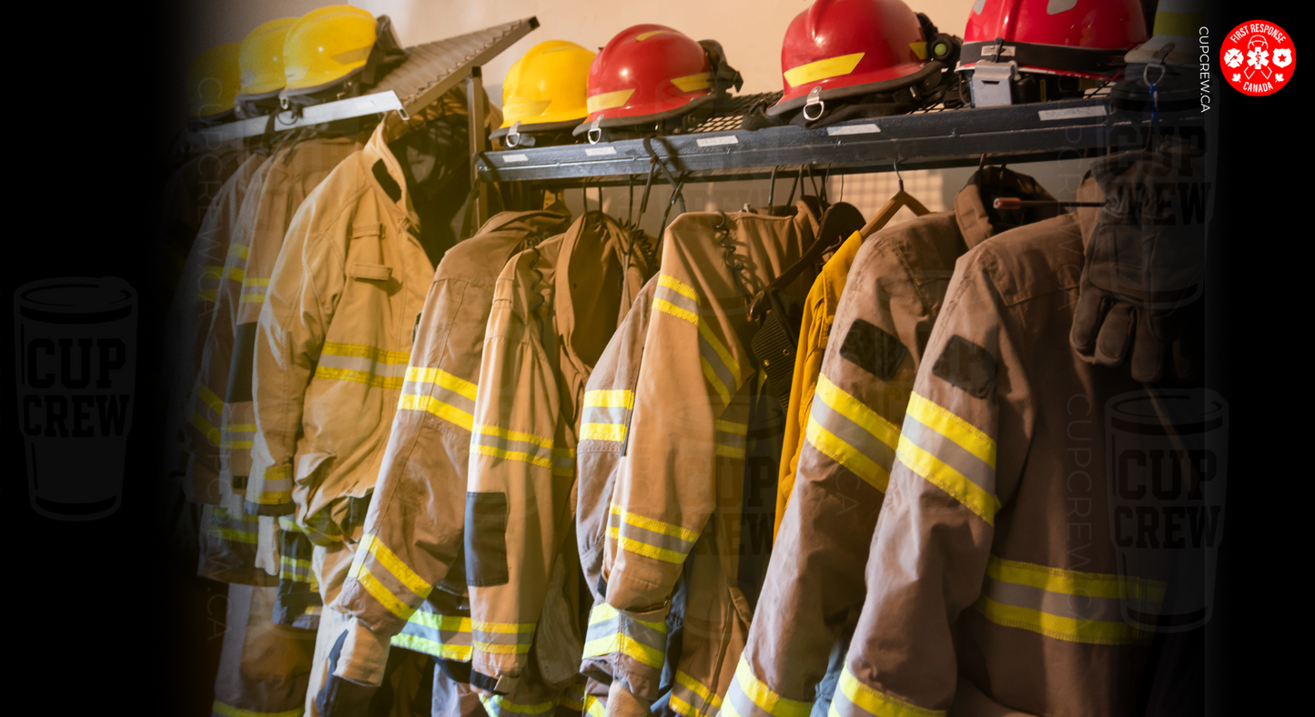 A collection of firefighting gear, including yellow and red helmets, yellow and brown jackets, and red and yellow gloves, neatly arranged on a rack.