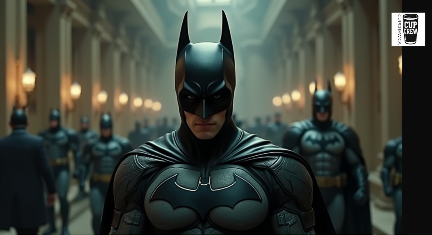 Batman standing in a hallway with other Batman characters in the background.