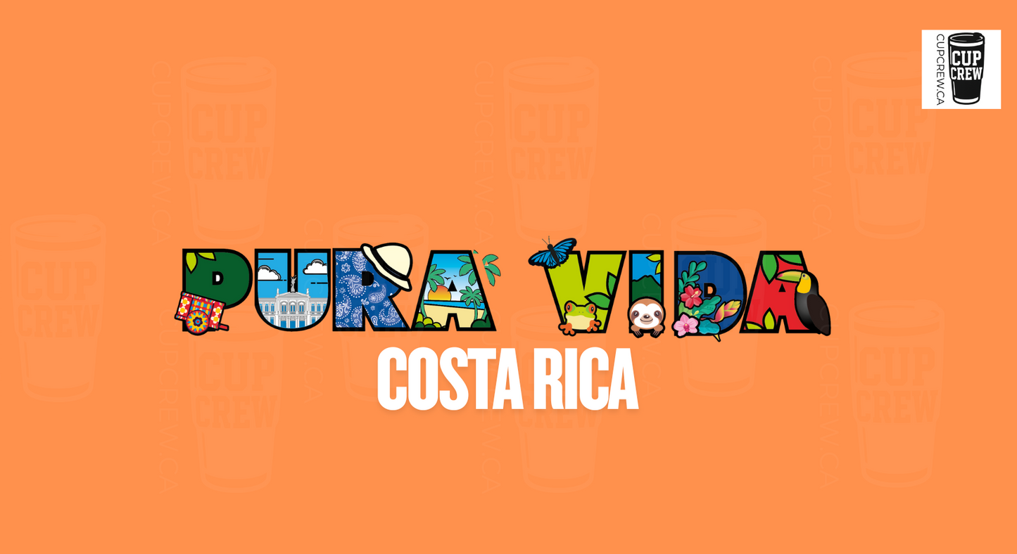 The image is a vibrant and colorful representation of the word "Pura Vida" in the country of Costa Rica, with various objects and symbols that are commonly associated with the region.