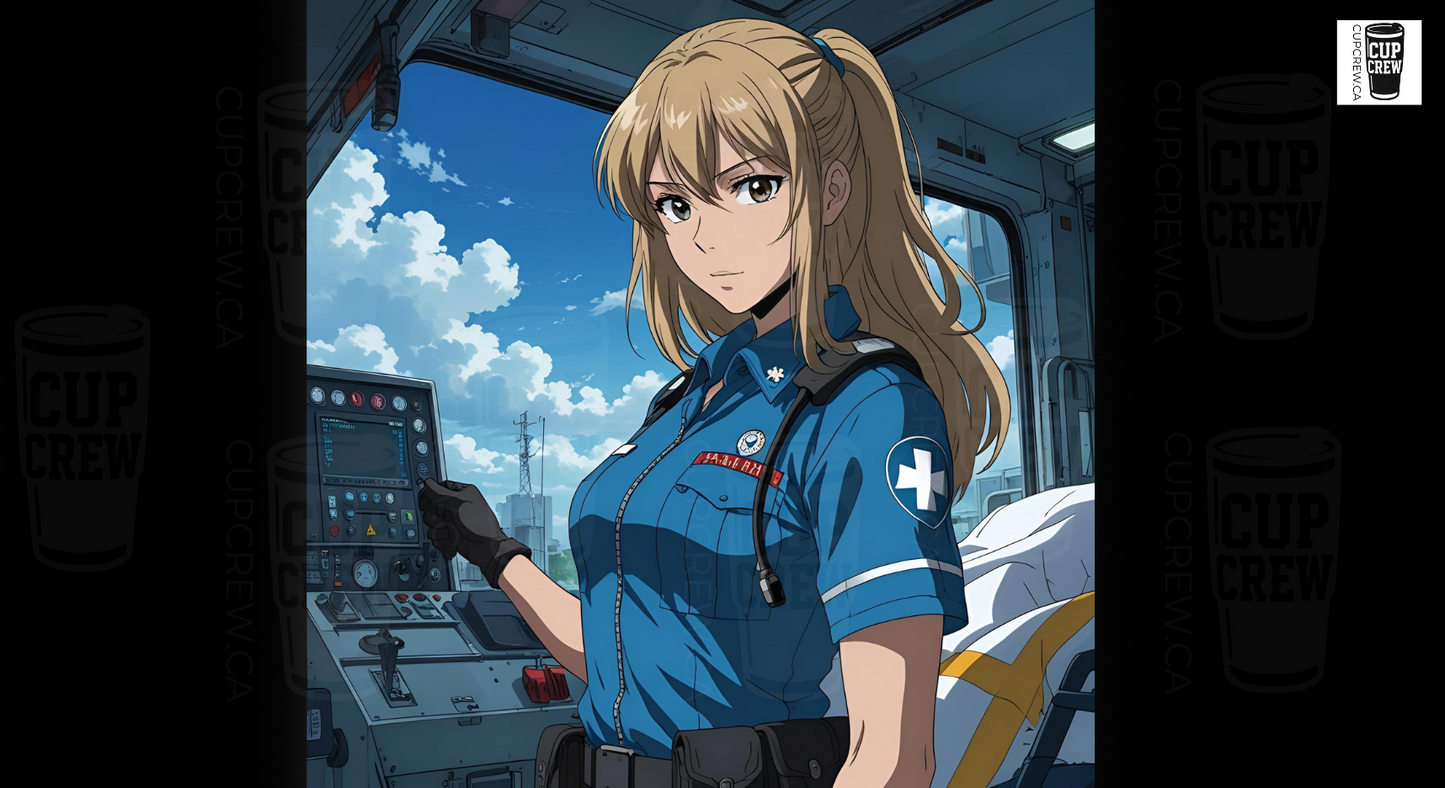 A young woman with blonde hair wearing a blue uniform stands in the cockpit of a vehicle, looking serious and focused.