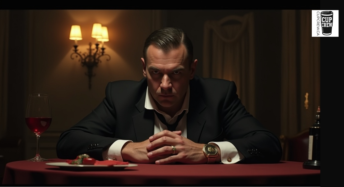 A man in a black suit sits at a table in a dimly lit room, with a glass of wine and a plate of food in front of him.