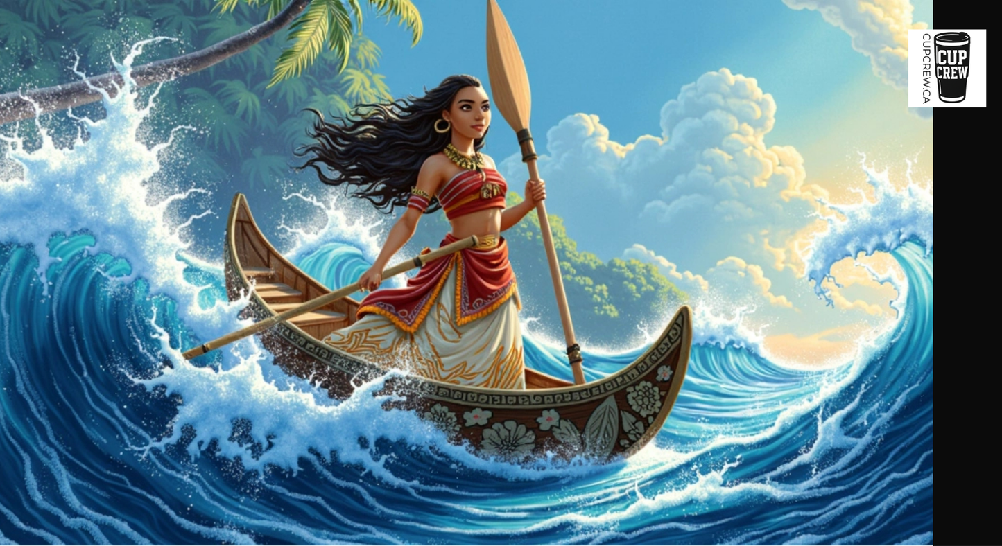A woman in a traditional dress paddles a canoe through a stormy ocean, surrounded by crashing waves and a bright blue sky.