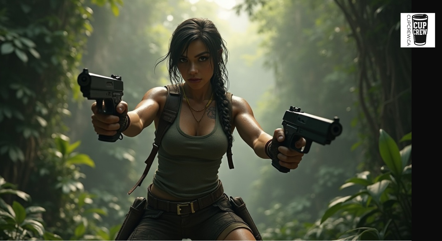 A woman in a green tank top and carrying a gun stands in a jungle setting, with two additional guns visible in the image.