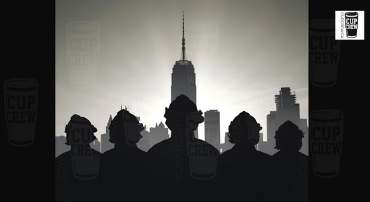 silhouettes of people standing in front of a city skyline, with the silhouette of a tall building in the background.