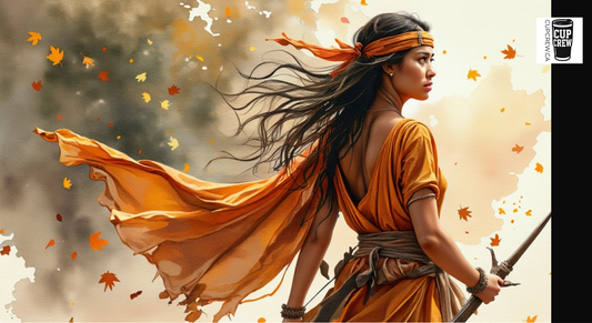 A woman in an orange dress with a flowing skirt and headband stands amidst falling orange leaves, holding a sword and gazing into the distance.