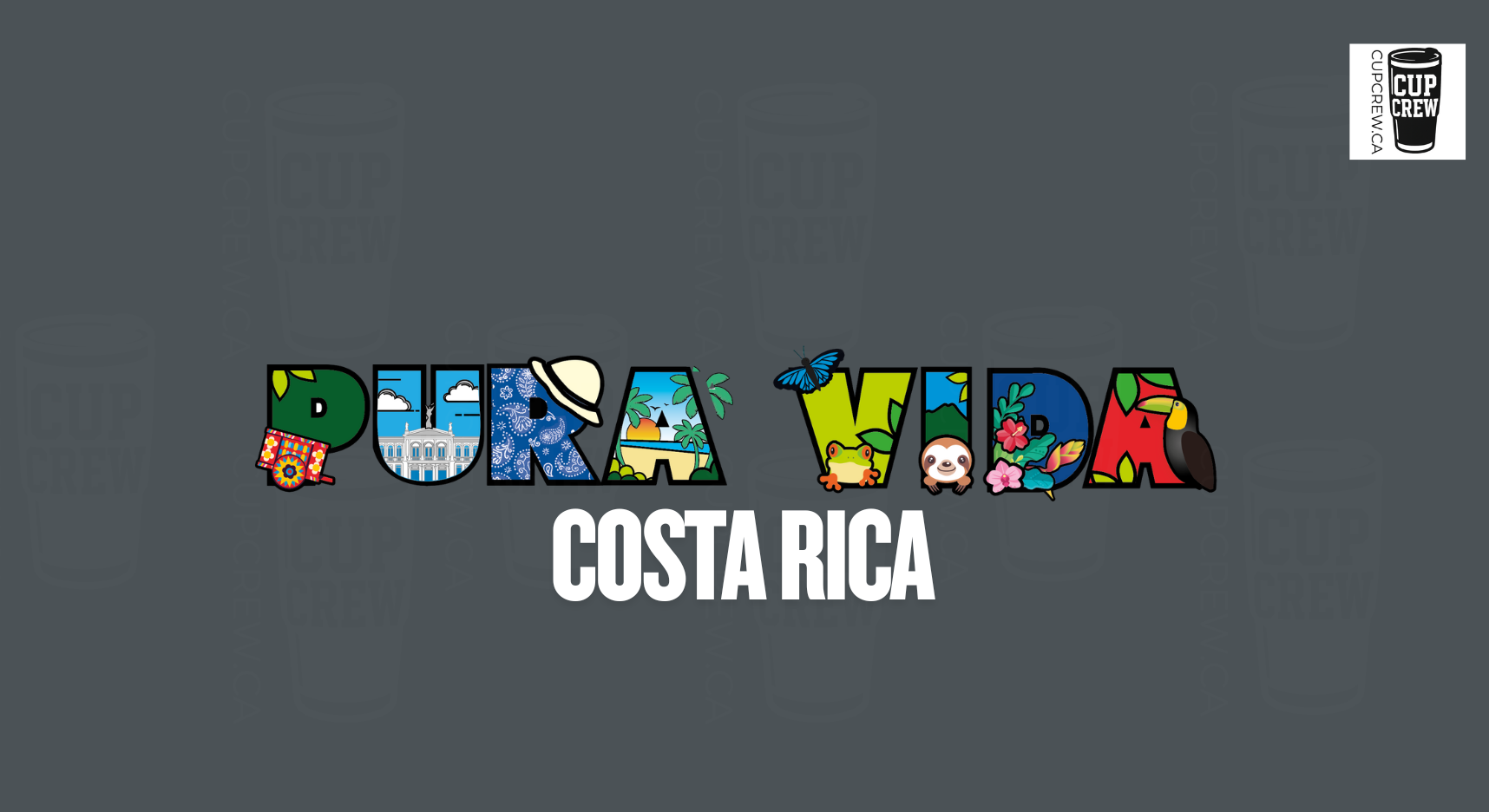 The image is a collage of various colorful and creative elements that spell out the word "Pura Vida" and the name "Costa Rica", with the phrase "Pura Vida" being the most prominent.