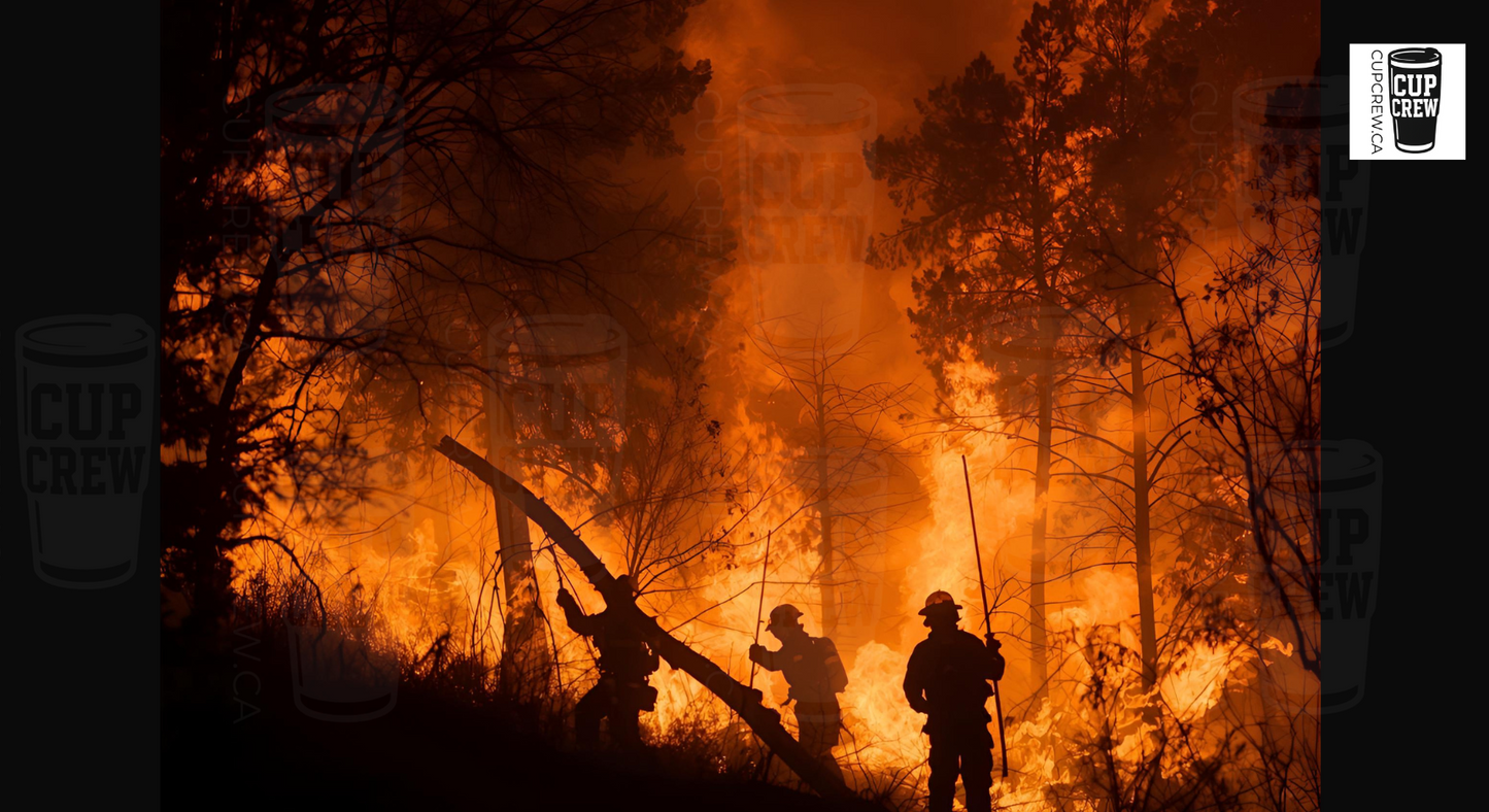 A group of firefighters are seen working to extinguish a large wildfire, with flames and smoke filling the surrounding area.