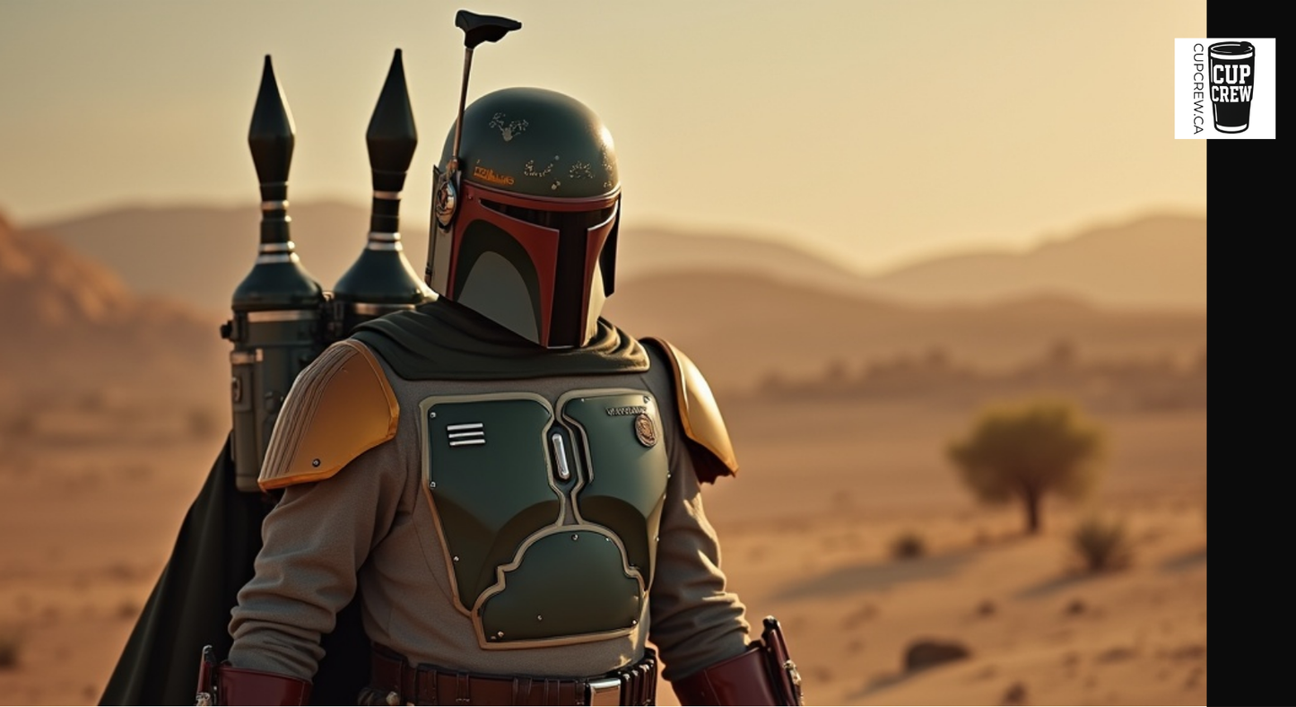 A person in a green and gold bodysuit, likely representing Boba Fett from the Star Wars franchise, standing in a desert landscape with mountains in the background.