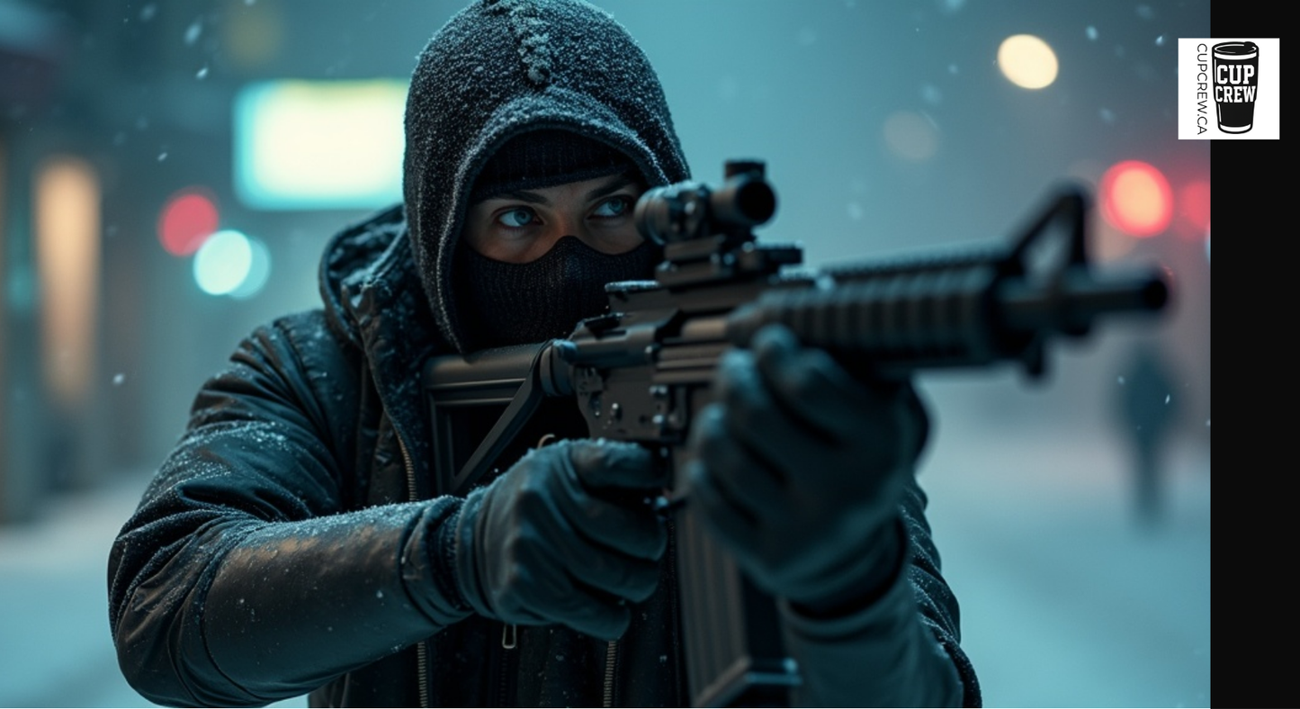 A person in a black hoodie and face mask is aiming a gun at the camera, with a snowy background and a blurred figure in the distance.