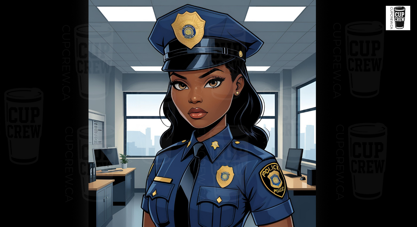 A female police officer in uniform stands in an office setting, with a cityscape visible through the window behind her.
