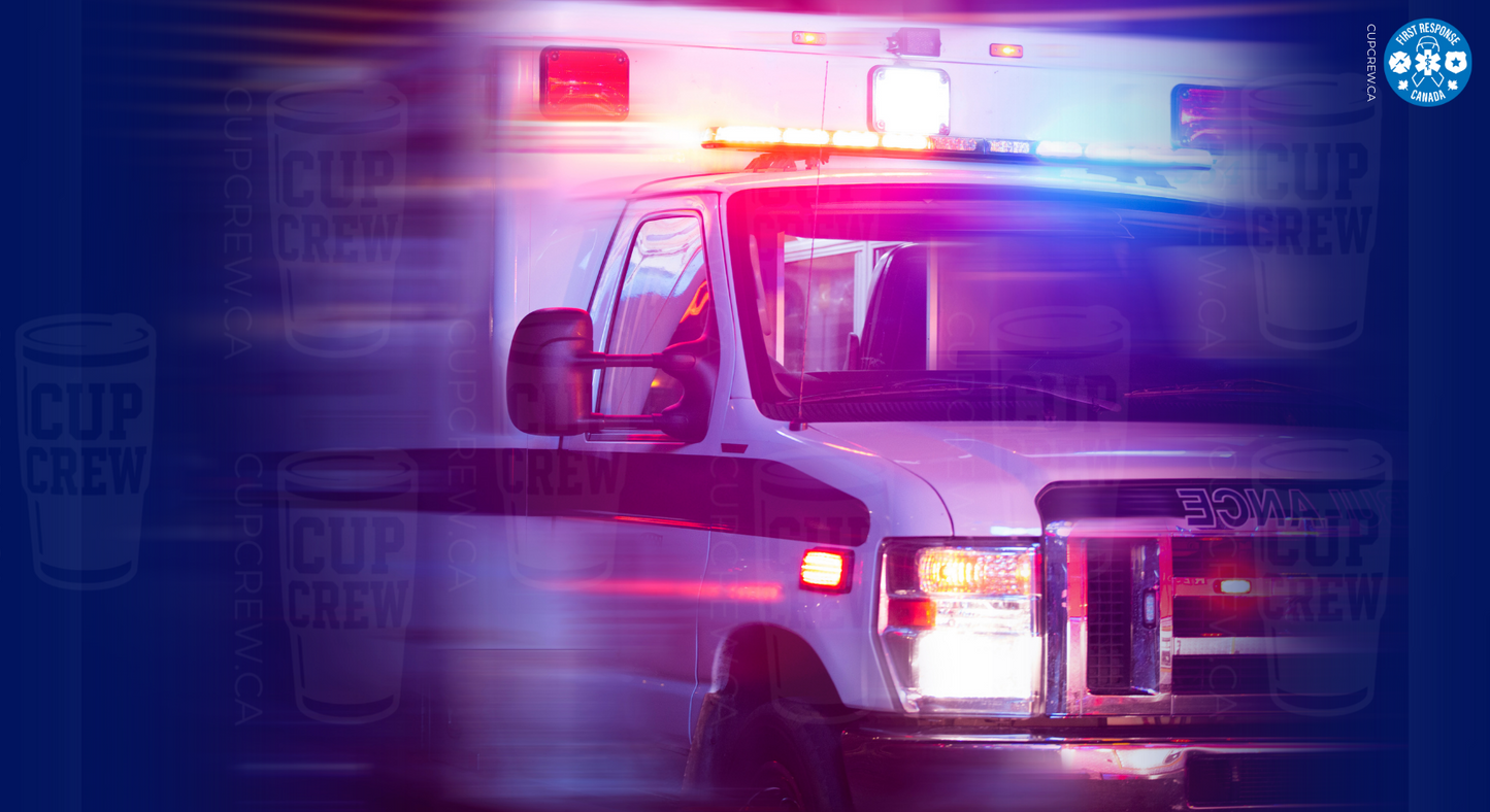 a white ambulance with emergency lights on, indicating it is responding to an emergency situation.