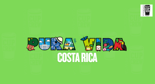The image is a collage of various colorful illustrations representing different aspects of Costa Rica, including landmarks, animals, and natural elements, arranged in a stylized manner to spell out the word "Pura Vida" (which means "life" in Spanish).