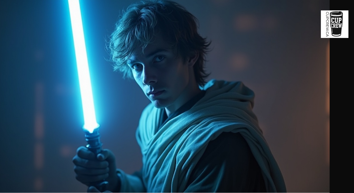 A young man with curly hair is holding a glowing blue lightsaber, appearing to be in a dramatic pose.