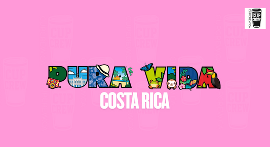 The image is a collage of various colorful illustrations representing different aspects of Costa Rica, including landmarks, animals, and natural elements, arranged in a visually appealing manner to spell out the word "Pura Vida" (Costa Rica).