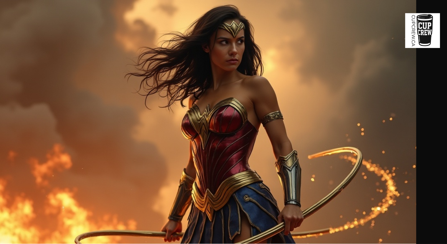 A woman in a red and gold costume stands in front of a burning background, holding a weapon and looking determined.