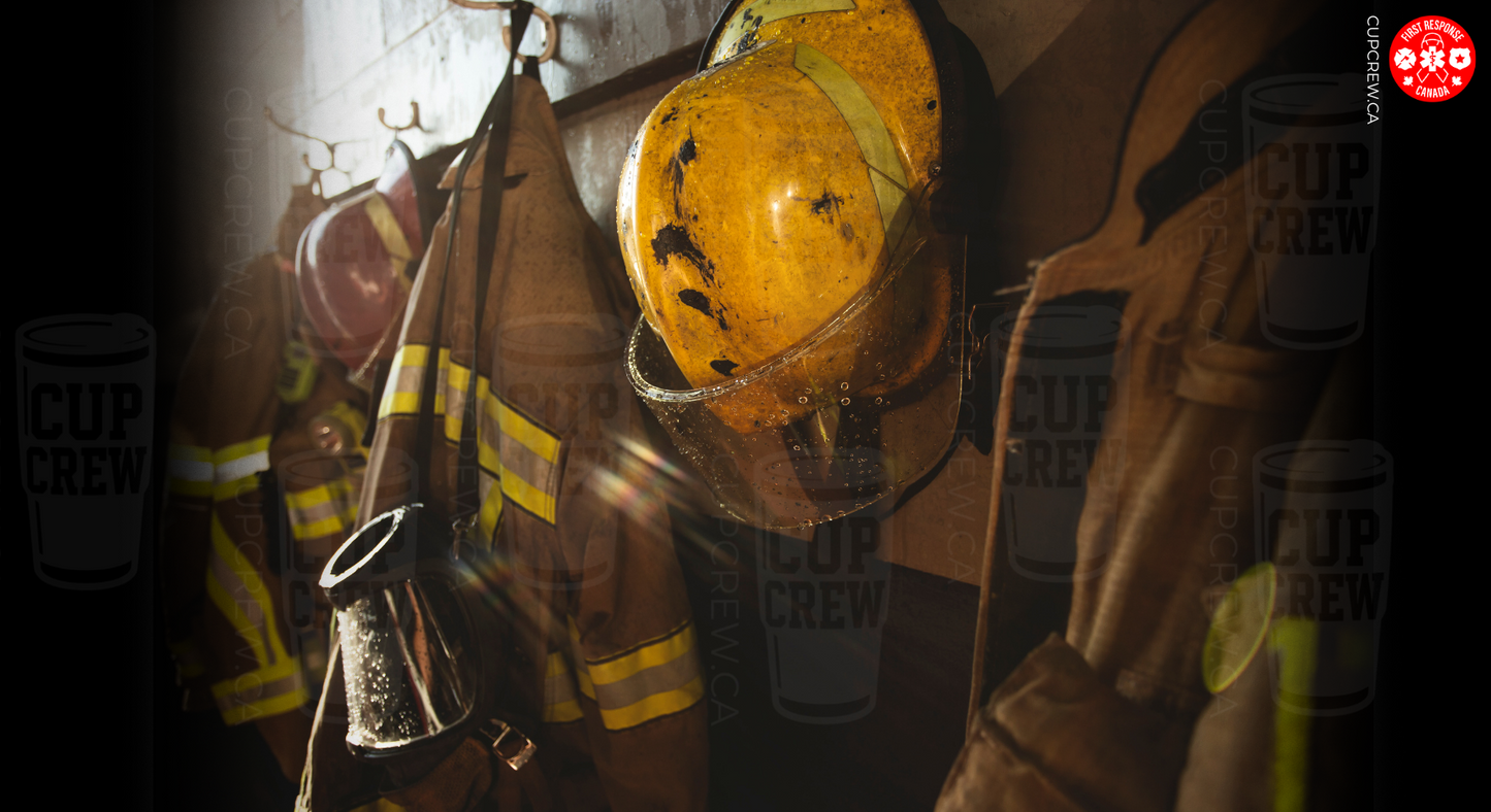 a collection of firefighting gear, including helmets and jackets, hanging on a wall.