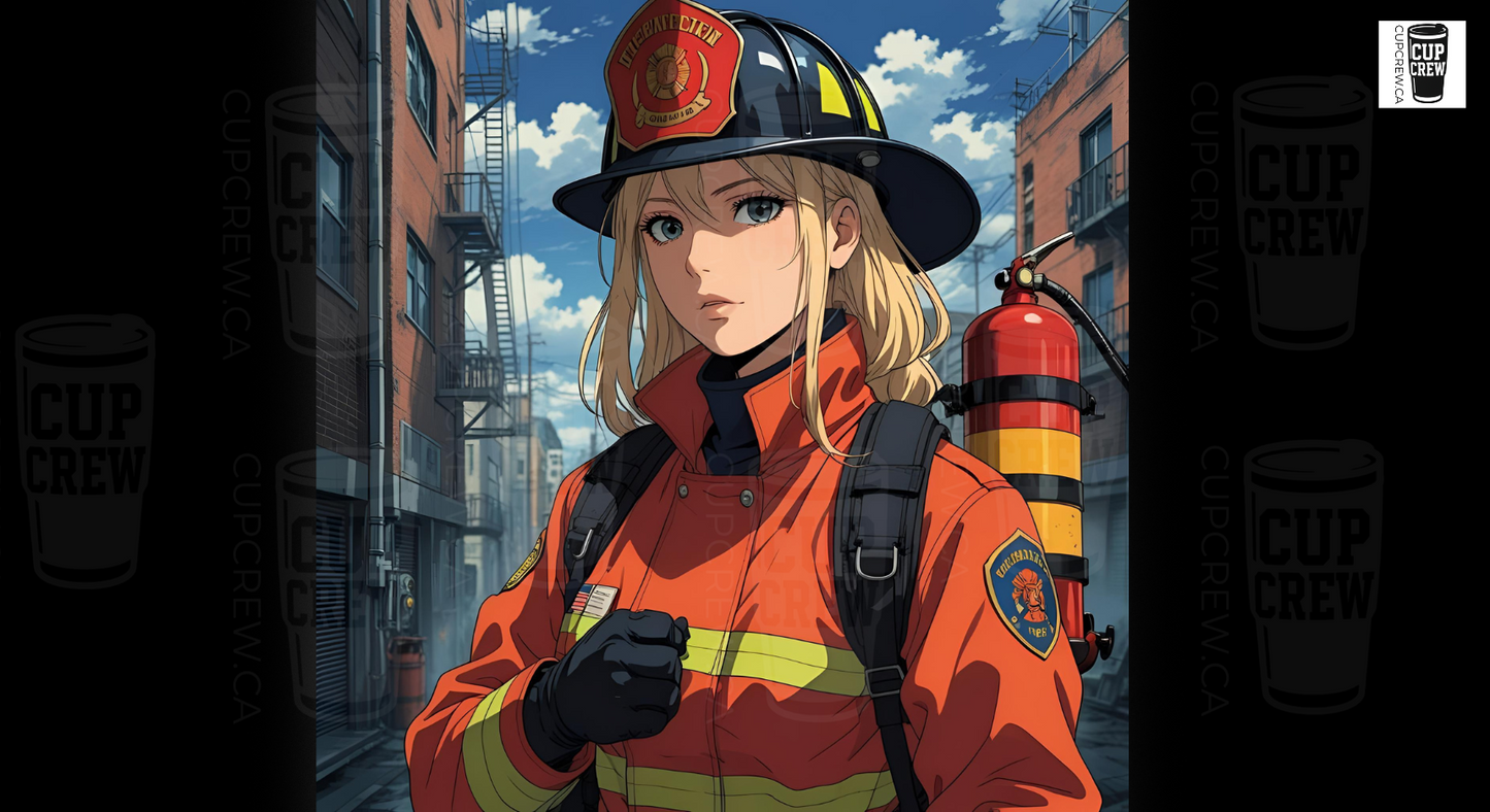 A female firefighter in a red uniform stands in an urban setting, with a fire hose attached to her back.