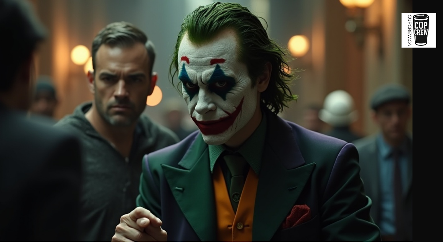 a man with a distinctive green and red makeup design on his face, dressed in a suit and tie, and looking directly at the camera. There are other people in the background, but they are blurred and not the main focus of the image.