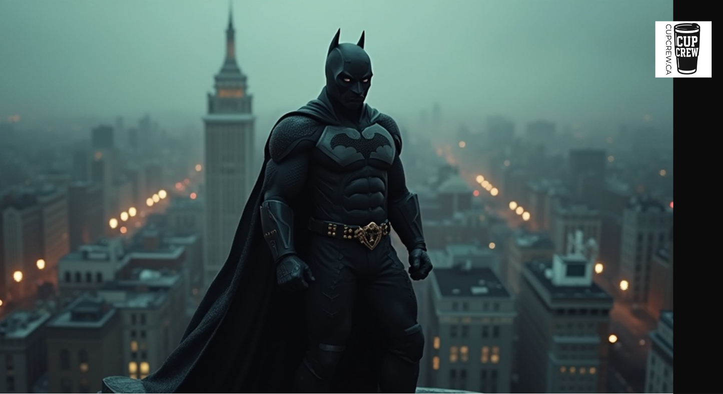 Batman standing on a rooftop, wearing his iconic black costume with the bat symbol on his chest, against a backdrop of a city skyline at night.