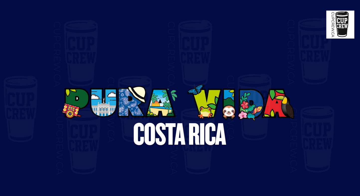 The image is a collage featuring various colorful illustrations of landmarks and symbols associated with Costa Rica, arranged in a stylized manner to spell out the word "Pura Vida" (Costa Rica).
