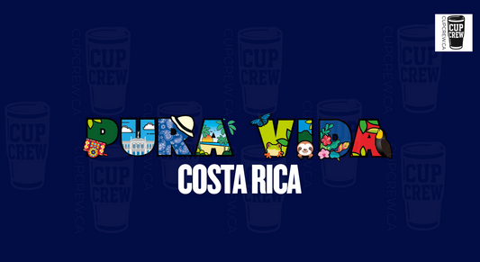 The image is a collage featuring various colorful illustrations of landmarks and symbols associated with Costa Rica, arranged in a stylized manner to spell out the word "Pura Vida" (Costa Rica).