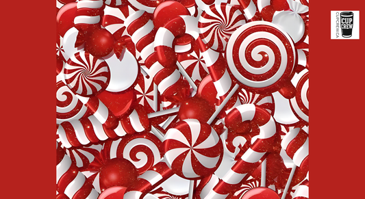 The image is a collage of various candy designs, including lollipops, candy canes, and other sweets, all in a vibrant red and white color scheme.