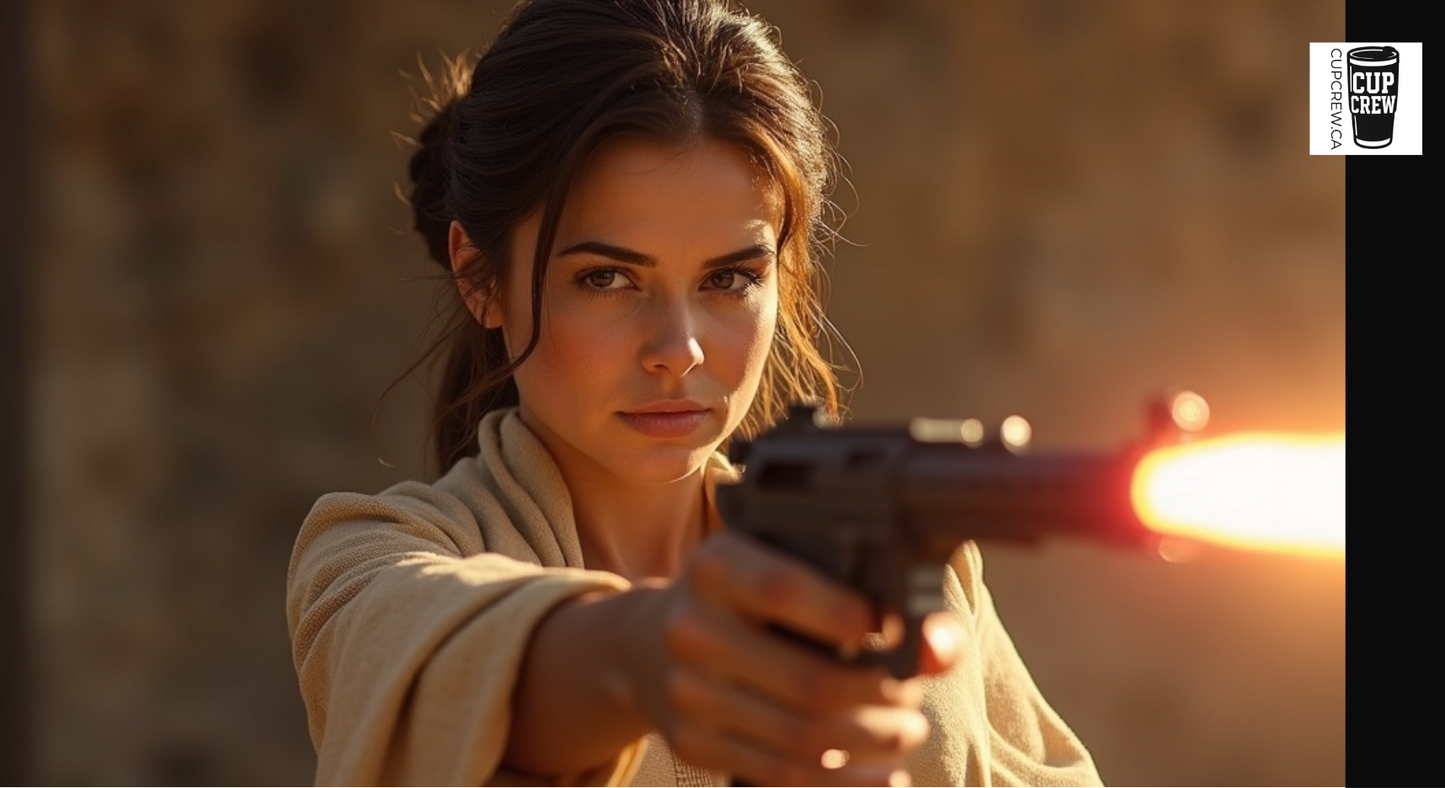 A woman with brown hair is holding a gun and pointing it at the camera, with a warm, golden glow illuminating her face.