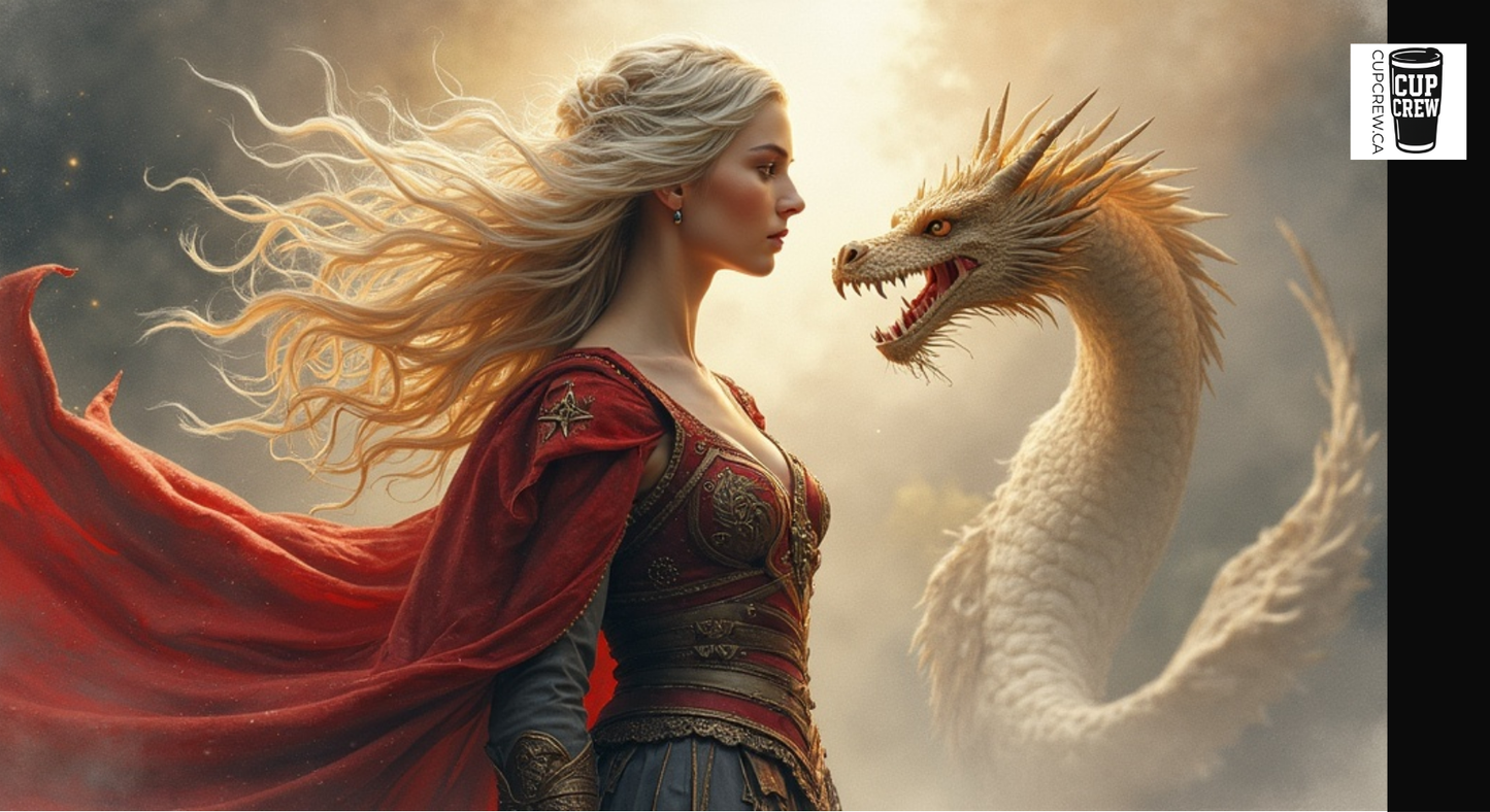 A woman with flowing blonde hair stands in front of a large, white dragon with sharp teeth, both facing each other in a dramatic scene.