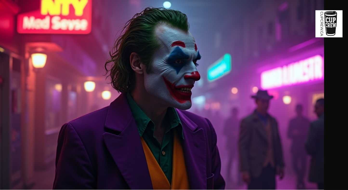 A person dressed as the Joker character from the movie "Joker" standing in a city street at night, with neon signs and other people in the background.