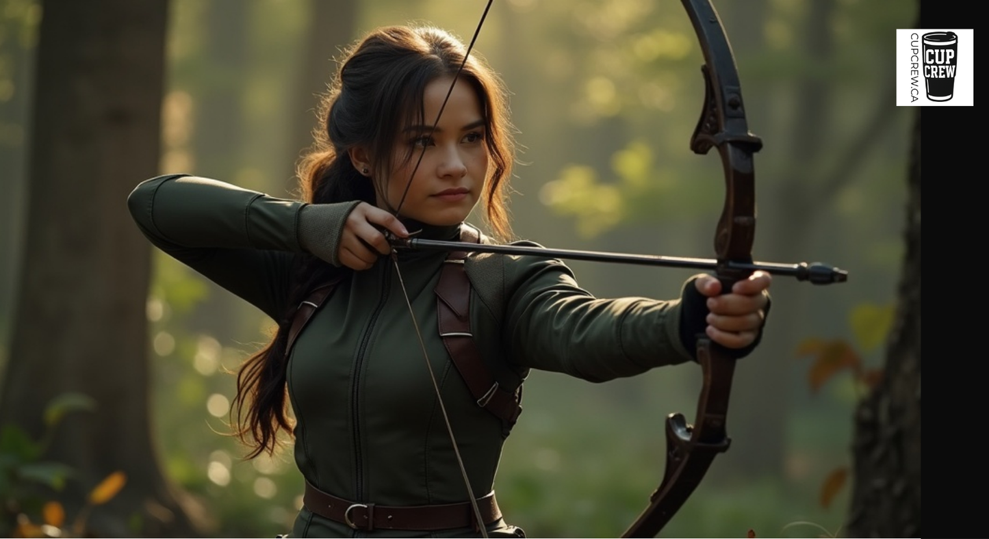 A woman in a green outfit is aiming a bow and arrow in a forest setting.